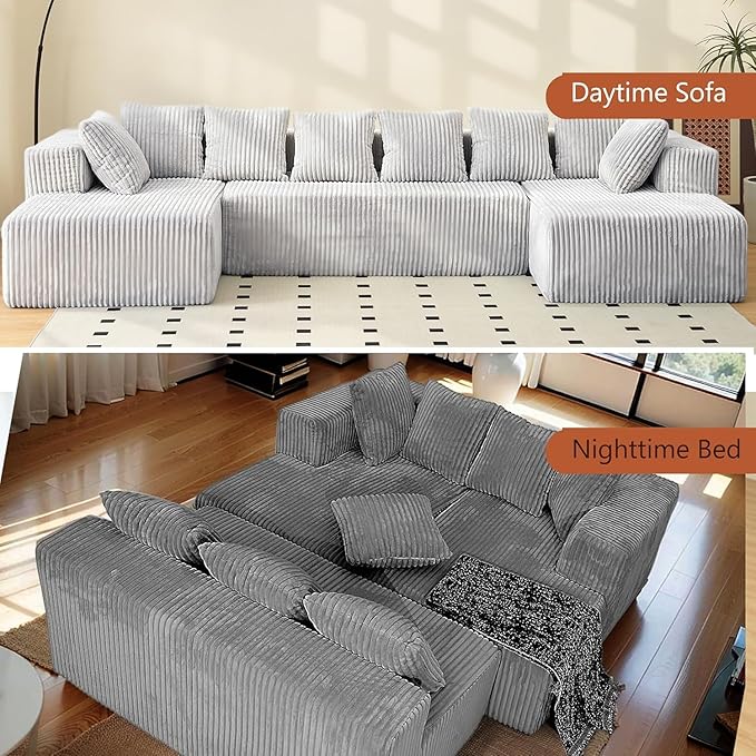 130 Modular Cloud Sectional Sofa with Chaise Deep Seat Plush Boneless Couch with Memory Foam Comfy Fluffy Couch U-Shaped Sectional Couches for Living Room No Assembly Required Grey
