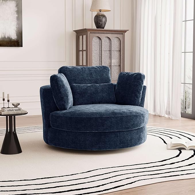 Aoiy &amp Wifon 50'' W Oversized Swivel Barrel Chair Navy Swivel Accent Chair for Living Room Round Oversized Arm Chair with 4 Pillows Deep Seat &amp Extra Wide Chenille