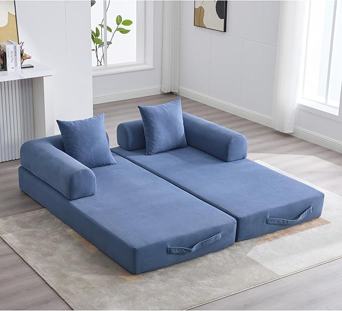 Convertible Sleeper Sofa Bed with Fixed-Shape Frame Corduroy Folding Mattress Couch with Storage Pocket Floor Sofa Lounge Couch for Living Room Bedroom Lounge Studio Navy Blue