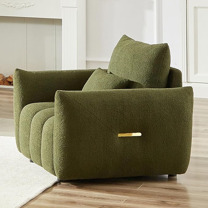Modern Accent Chair with One Pillow 36.8'' Teddy Fabric Upholstered Sofa with Solid Wood Frame Single Sofa Lounge Chair for Apartment Office Living Room (Green * Pillow98)