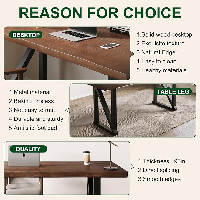 Solid Wood Desk 47 Inch Heavy Duty Business Desk Home Office DeskOffice Furniture Butcher Block Studio Desk Rustic Brown Desk （Table Thickness:1.96 inches）