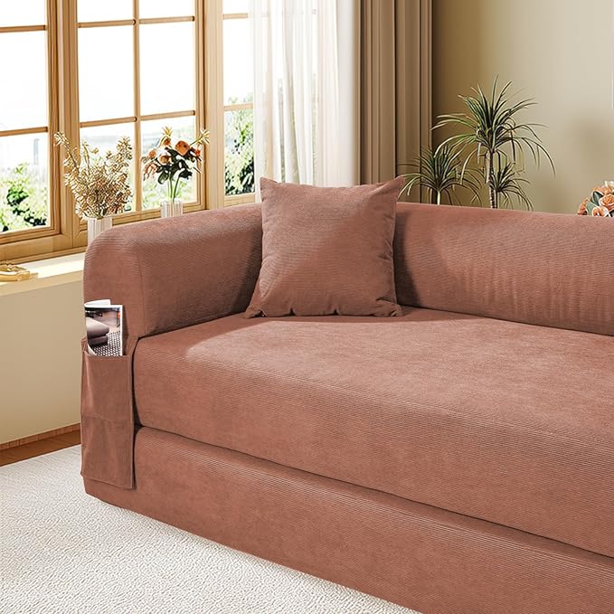 Convertible Futon Sofa Bed80 Folding Pull Out Couch Bed with StorageQueen Sleeper Sofa BedCompressed Couch in a BoxCorduroy Boneless Couches for Living RoomPink