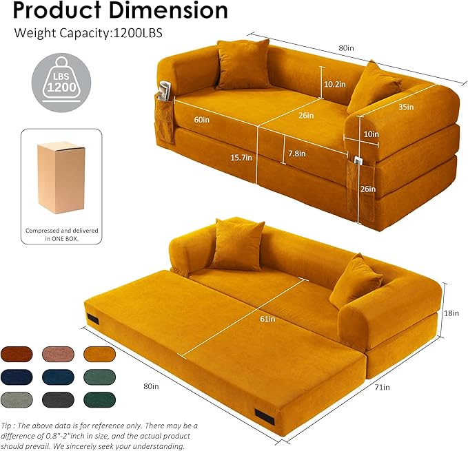 80 Convertible Sofa Bed Corduroy Deep Seat Folding Pull Out Couch with Pillows No Assembly Modern Boneless Couch Compression Sofa in Box Floor Sofa with Storage Pocket for Living RoomYellow