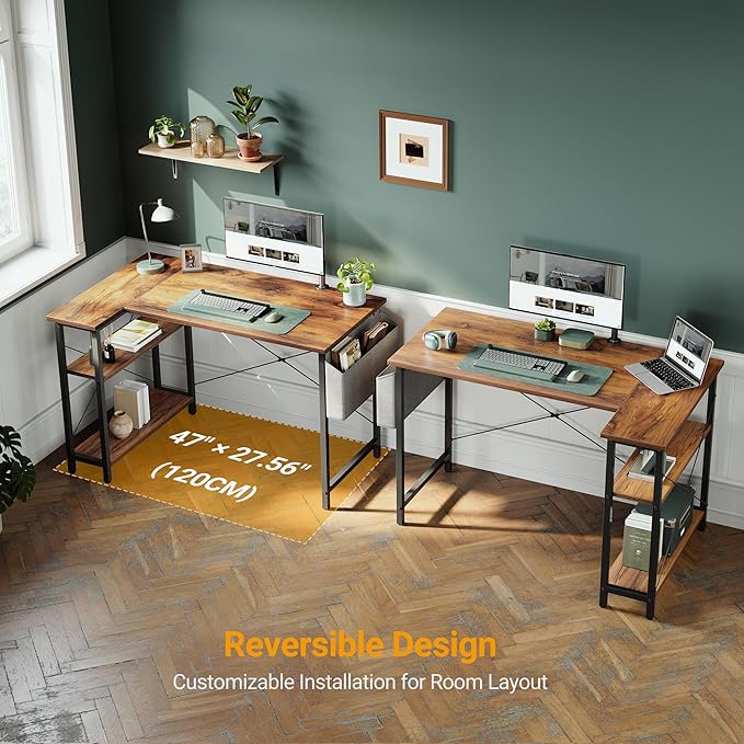 BANTI L Shaped Small Computer Desk with Storage Shelves 55 Home Office Small Corner Desk Study Writing Table Deep Brown