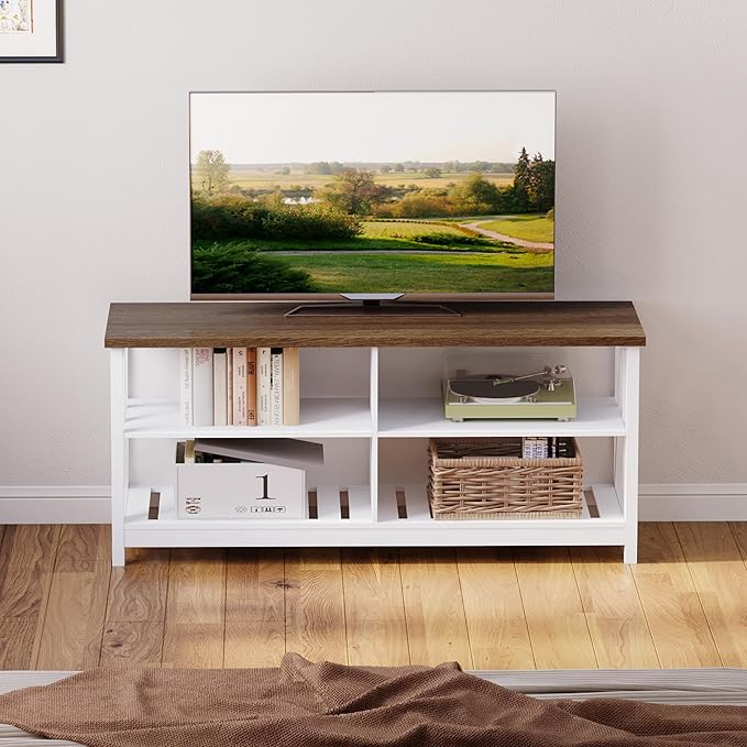 ChooChoo Farmhouse TV Stand for TVs up to 60 Inch Modern Entertainment Center with 4 Open Shelves &amp Built-in Cable Holes Media TV Console for Living Room Bedroom White