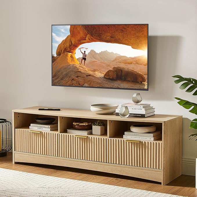 Amada 59 Fluted TV Stand for TVs Up to 65 Mid-Century Modern Entertainment Center with Storage Drawers and Open Shelf TV Console for Living Room or Bedroom Natural Oak