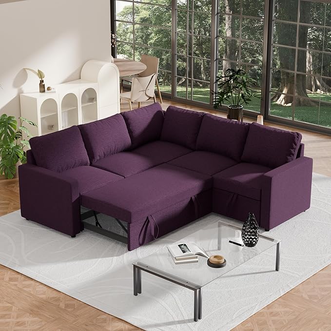 FONTOI Sleeper Sofa Bed Modular Sectional Couch with Pull Out Bed L Shaped Sectional Convertible SofaBed with Storage Seat for Living Room Apartment Bedroom Office Purple Linen