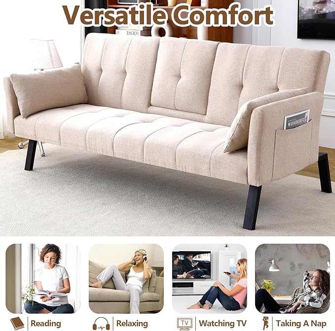 72 Cotton Linen Futon Couch Living Room Couch Bed Convertible Sleeper Sofa Bed with Cup Holder for Bedroom Guest Bed 2 Seater Reclining Sofas Couches with Nailhead Trim for Small Space (Beige)