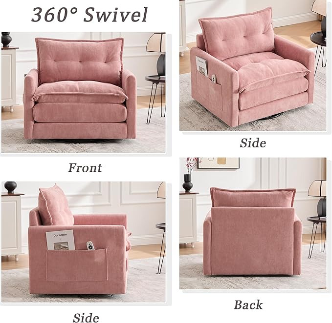 360° Swivel Accent Chair36.22” Swivel ArmchairSquare Accent Barrel Chair with Side Pockets - Upholstered Comfy Single Sofa Chair for Living Room Bedroom Reading Nook (Pink)