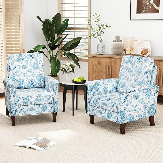 GOFLAME Floral Accent Chairs Set of 2 Comfy Upholstered Armchairs with Rubber Wood Legs and Thick Padded Cushion High Back Single Sofa Chairs Reading Side Chairs for Living Room Bedroom Blue