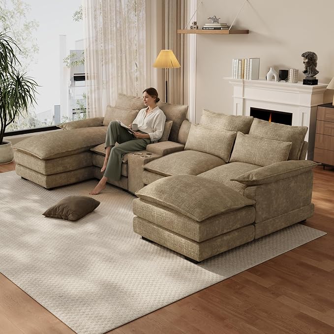 OUYESSIR 135 U Shaped Sectional Cloud CouchBrown Sectional Couches for Living RoomComfy Fluffy Chenille Oversized Cloud CouchModular Sectional Sofa with Central Console &amp Double Chaise Lounge