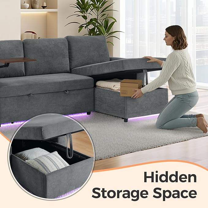 LED Sectional Sleeper Sofa with Pull Out Bed Convertible L Shaped Sofa with Storage Chaise Lounge Retractable Table USB Cup Holders Comfy 3-Seater Sleeper Couch for Living Room (Grey)