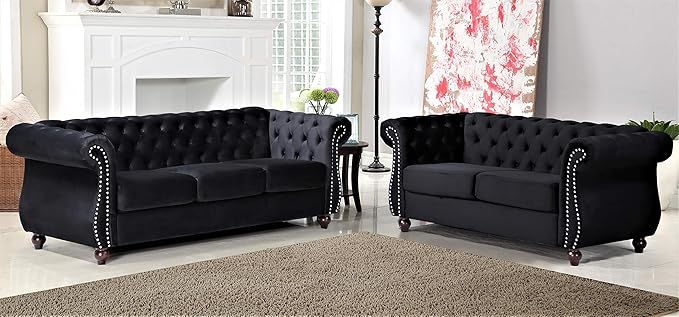 Feinstein Modern Velvet Chesterfield Couches for Living Room with Nailheads Diamond Tufting &amp Durable Metal Frame Loveseat Black