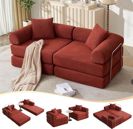 73 Convertible Sleeper Sofa Bed Corduroy Boneless Couch in a Box 4-in-1 Folding Mattress Loveseat Couch Comfy Modular Foldable Floor Sleeper Sofa with 2 Pillows and Fixed-Shape Frame (Red 73)