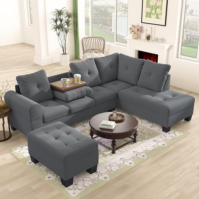 AWQM Upholstered L-Shape Modular Sectional Sofa Set with Storage Ottoman &amp Chaise Light Grey Fabric Living Room Furniture Comfy Oversized Corner Sofa Couch