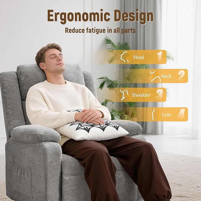 Power Recliner Chair Living Room Chairs for Adults Oversized Electric Recliner with Side Pockets Chenille Fabric Reclining Chair for Living Room Bedroom
