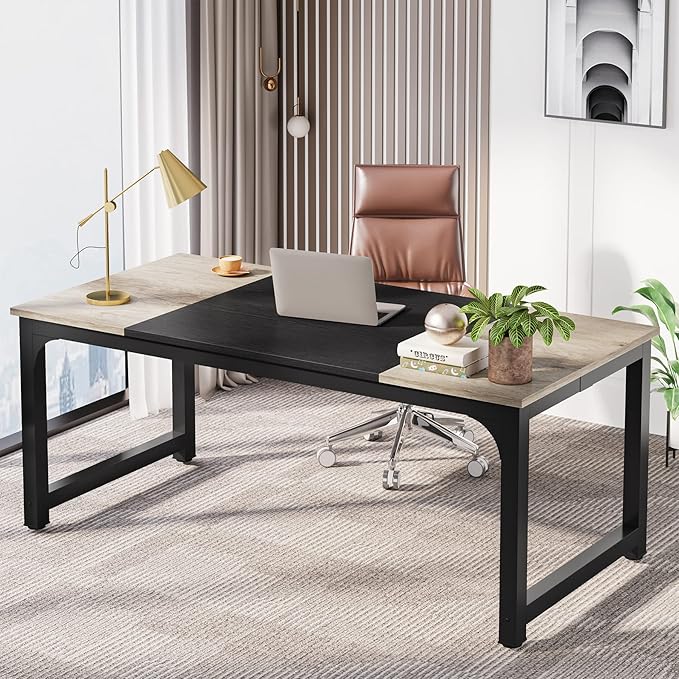 LITTLE TREE 70.8 Inch X-Large Executive Computer Office Desk Grey+Black
