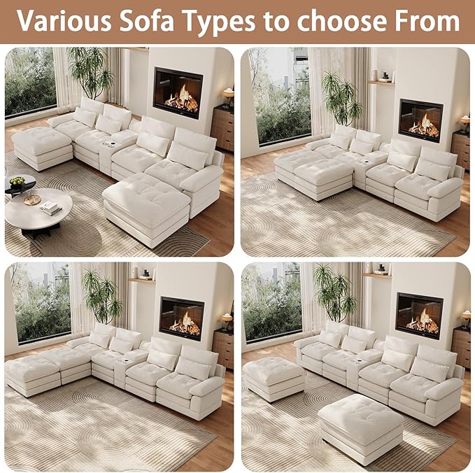 134U Shaped Sectional Couches for Living Room Oversized Modular Sectional Fluffy Couch with 2 Ottoman &amp Storage ConsoleModern 6 Seat Living Room Sofa with Glitter FabricTufted Buttons Beige