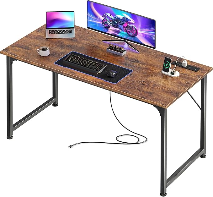 PRAISUN 47 X 20 Inch Office Computer Desk with Power Outlets and USB-C Port Larger Gaming Desk for Home Office Study Bedroom Writing Work from Home Table Metal Frame Rustic Brown