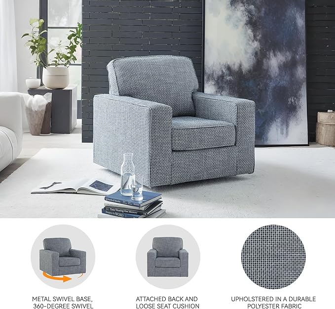 Signature Design by Ashley Olwenburg Casual Swivel Accent Chair with Track Arms Metal Swivel Base and Removable Cushions Blue