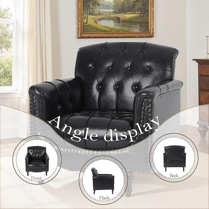 Pia Ricco Faux Leather Armchair Set of 2 Modern Accent Chairs with Nailhead Trim and Solid Wood Legs Upholstered Comfort for Living Room Office Bedroom - Bule Black