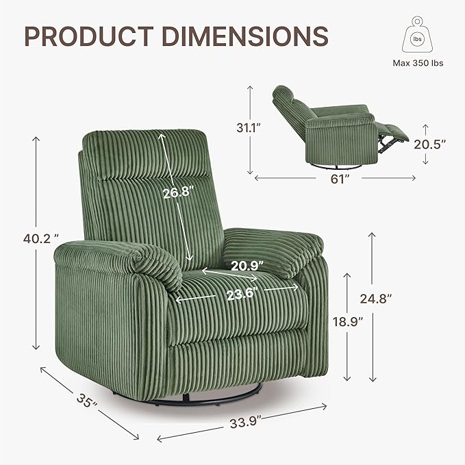 Swivel Rocker Recliner for Adults Corduroy 360 Degree Swivel Glider Recliner Manual 3-Position Adjustable Easy Assembly for Small Space Living Room Nursery Bedroom