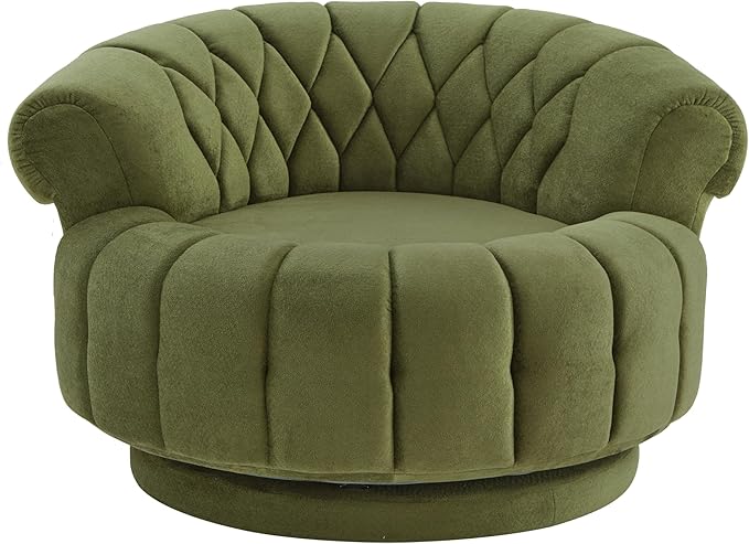 Merax 360 Swivel Accent Chair Sofa Modern Comfort Oversized Round Seat with Luxurious Chenille Fabric Channel Tufted Back Thick Cushion for Living Room Bedroom Green