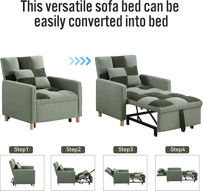 Sleeper Sofa Bed 3-in-1 Convertible Chair Bed Multi-Functional Sleeper Chair Soft Teddy Fabric for Living Room Apartment Office (Green)