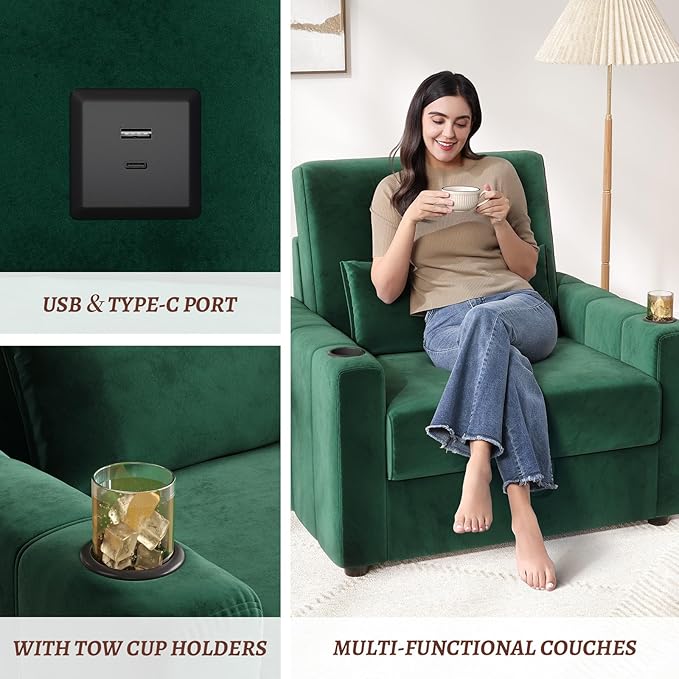 39 Inch Accent Chair Velvet Fabric Comfy Oversized Single Sofa Armchair with Storage USB Cup Holders Easy Installation Modern Chairs for Living Room Game Room