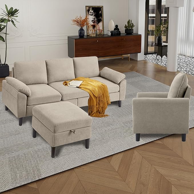 79 Convertible Sectional Sofa Set Modern Linen Small L Shaped Couch with Reversible Ottoman and Accent Chair 3-Seat Sofa Couches for Living Room Office Apartment Beige