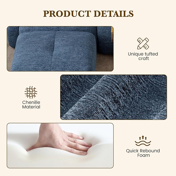 122 L Shaped Convertible Modular Couch Cloud Couch Sectional with Ottoman 4-Seater Chenille Boneless Couches for Living Room Apartment No Assembly Blue 1PCS