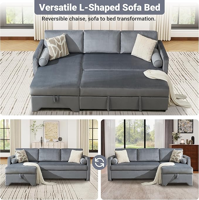 Tbfit 90.6'' 3 in 1 Sleeper Sofa Couch with Storage Chaise Velvet Sofa Bed with Pull Out Bed Convertible Sleeper Sofas for Living Room Small Spaces Grey