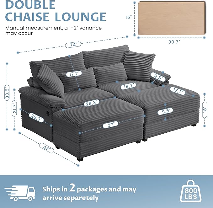 SUNWAVE 74 W Double Chaise Lounge Chair Indoor Oversized Loveseat with Storage Ottoman Corduroy Couch with USB Charging Removable Ottoman and Coffee Table Cushions for Living Room Bedroom