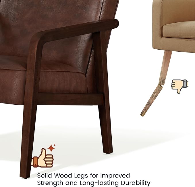 Yaheetech PU Leather Accent Chair Mid-Century Modern Barrel Chair with Wooden Frame and Soft Thick Padded for Living Room Bedroom Home Office Dark Brown