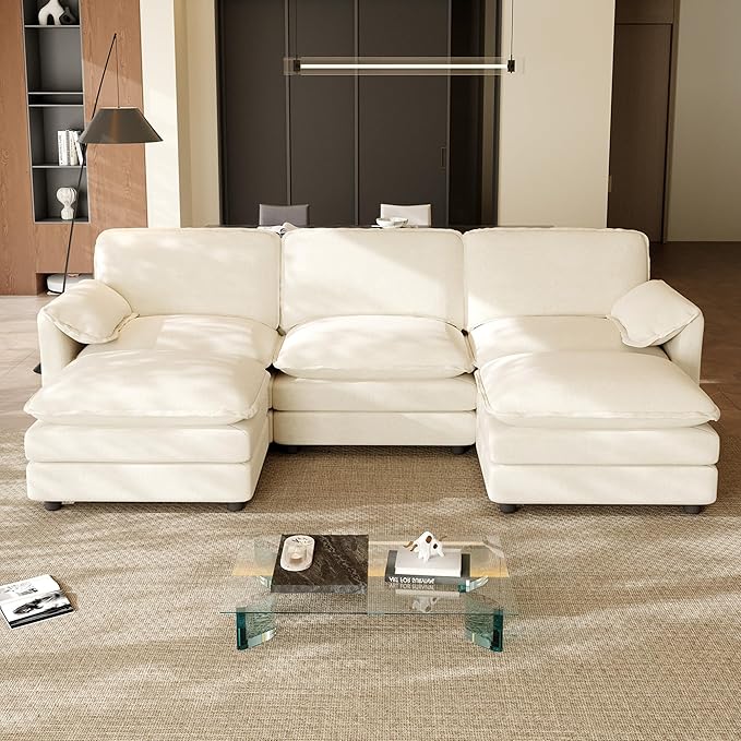 Cloud Couch Modular Sectional Sofa 114 U Shape Comfy Sectional Couches for Living Room 3 Seater Modern Chenille Deep Seat Cloud Sofa with 2 Ottoman and Memory Foam White