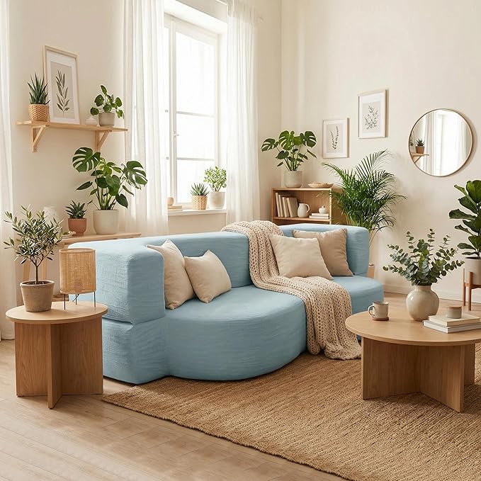 78.35 Modern 2-in-1 Convertible Curved Loveseat Sofa Bed Floor Love Seat Couch Teddy Fabric Memory Foam Cloud Couch with 2 Pillows No Assembly for Living Room Apartment Small Space (Blue)