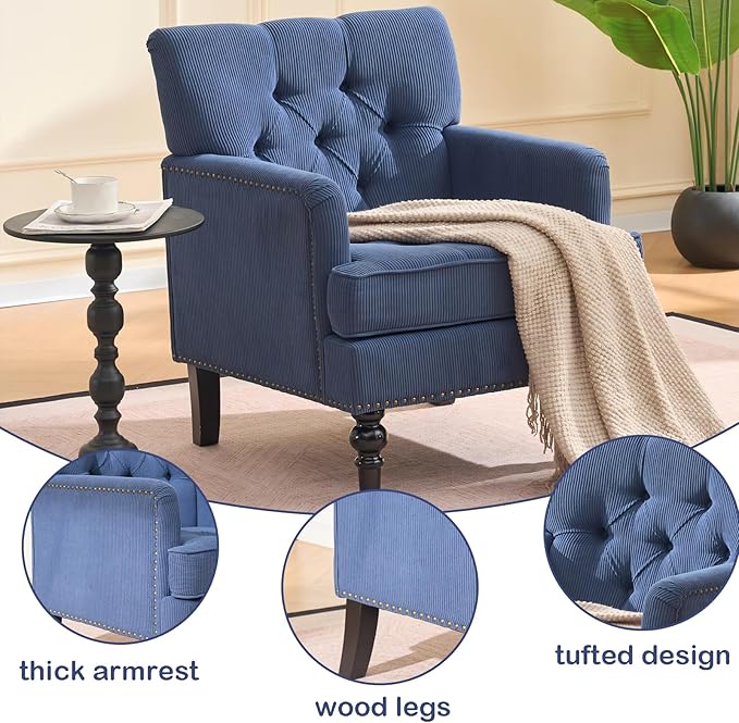 Chifee &amp Vingol Wingback Chair Upholstered Button Armchair Upholstered Living Room Chairs Comfy Single Sofa ChairLinen Blue