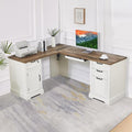 69 Farmhouse L Shaped Desk with Charging StationKeyboard TrayLockable Drawers and Storage Cabinet &amp Adjustable File CabinetWhite Corner Desk for Home Office