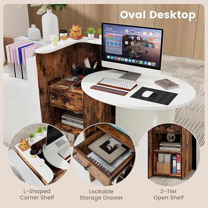 Reception Desk Small Retail Checkout Counter with Lockable Drawer and Open Shelves Wooden Front Desk Reception Counter Oval Desktop &amp L Counter for Store Office Lobby Salon (White &amp Brown)