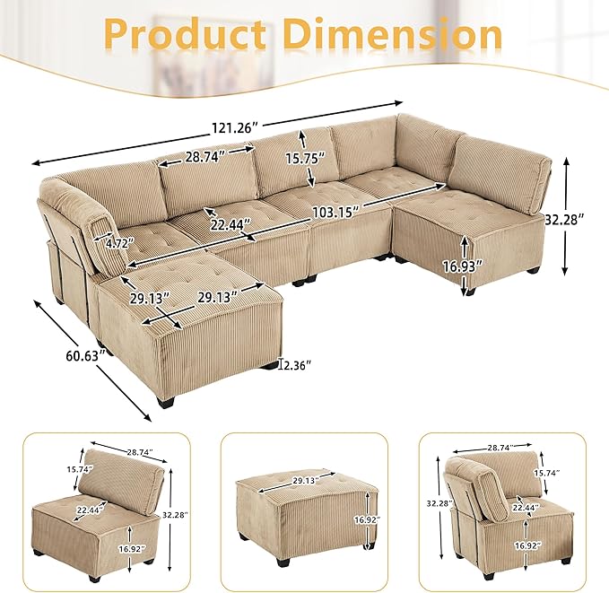 121 U Shaped Modular Sectional Sofa Couch 6 Seat Convertible Upholstered Deep Seat Sleeper Sofa with Chaise Lounge Cloud Couch for Living Room Khaki