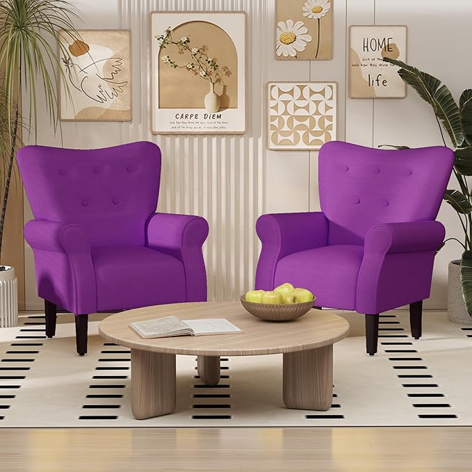 MELLCOM Fabric Living Room Chair Modern Upholstered Accent Chair with Solid Wood Legs and High Back Single Sofa Club Chair for Living Room Bedroom and Home Office Purple