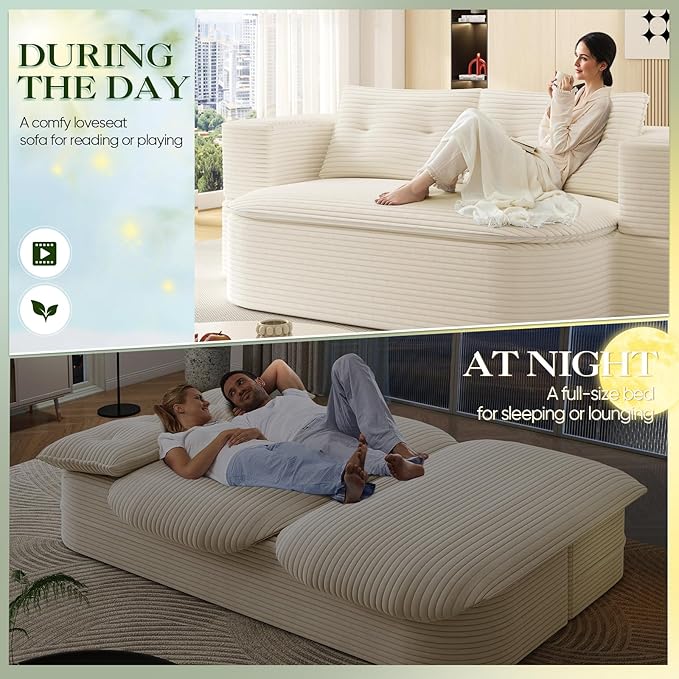 Convertible Sleeper Sofa Modern 78-inch Folding Futon Corduroy Floor Foam Compression Loveseat Sofa Bed Couch Foldable Full Size Guest Bed with 2 Pillows for Living Room Bedroom Apartment Beige