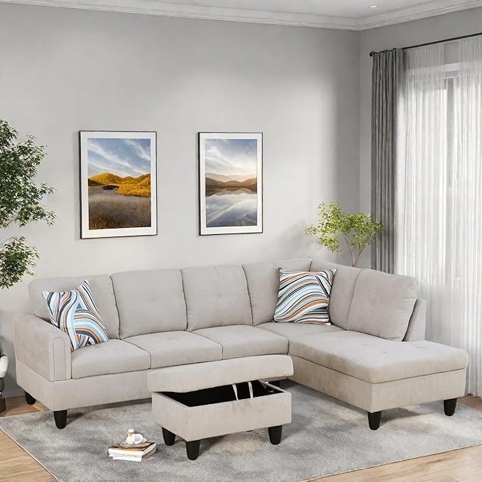 FONTOI L Shaped Sectional Couches Modern Modular Sectional Sofa for Living Room Bedroom Furniture Cozy 4 Seat Couch with Ottoman Storage &amp Chaise Gray White