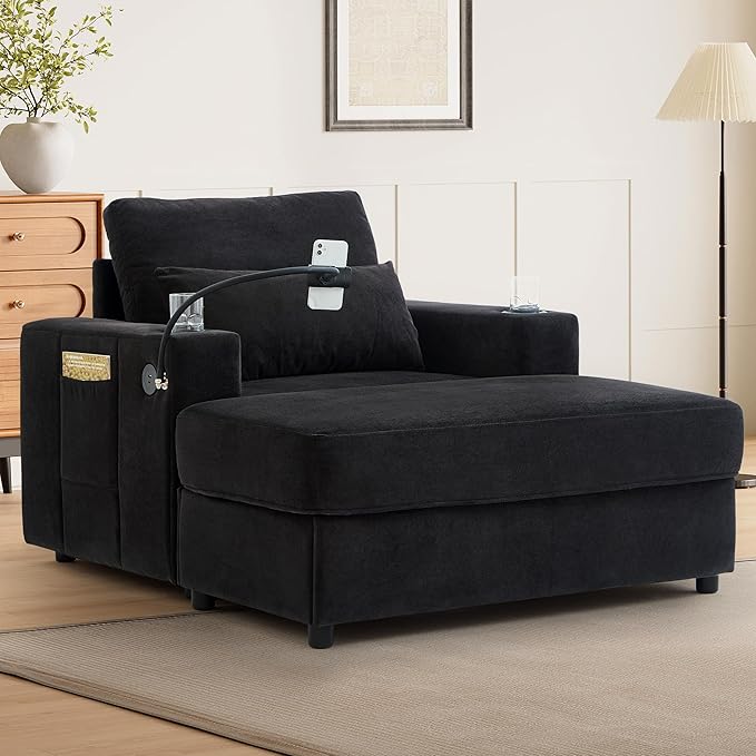 Merax Modern Style Armchair 42.5 Chaise Lounge Sofa Couch with a Movable Storage Ottoman Two USB Ports Two Cup Holders a Phone Holder and Side Pockets for Living Room Black