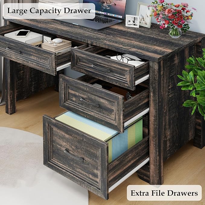 Farmhouse Executive Desk with Drawers Wood Computer Desk with Ample File Drawer Rustic Home Office Desk with Storage for Bedroom Living Room Dark Oak