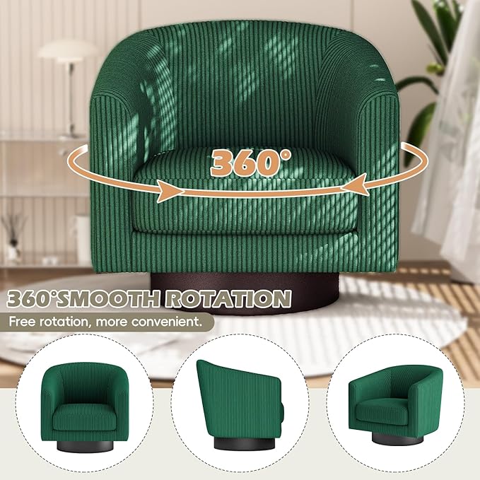 360° Swivel Accent Chairs Modern Bucket Chair Corduroy Barrel Armchair Comfy Boucle Chair Single Sofa for Living Room Bedroom. Green