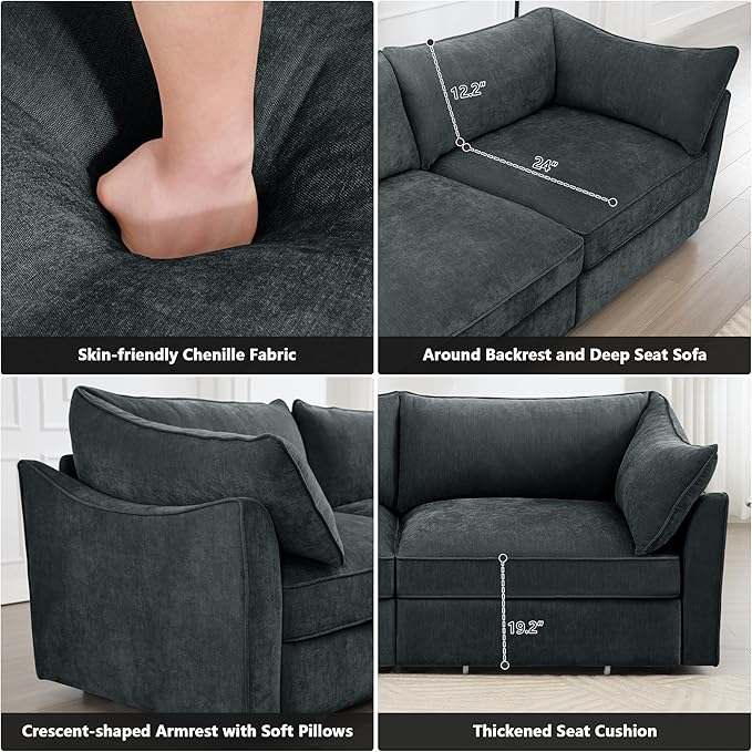 Modular Sectional Sofa with Pull Out Storage Drawers 78.7 Comfy Chenille 2-Seat Sofa with 2 Storage Ottomans Upholstered Deep Loveseat Couch with 2 Armrest Pillows for Living Room Grey