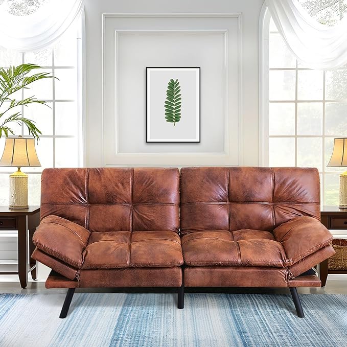 MUUEGM 71 Futon Sofa Bed Convertible Couch Filled with Memory Foam Modern Loveseat with Adjustable Backrest&ampArmrest Sofas for Living RoomGame RoomDormitoryOffice.Brown Leather