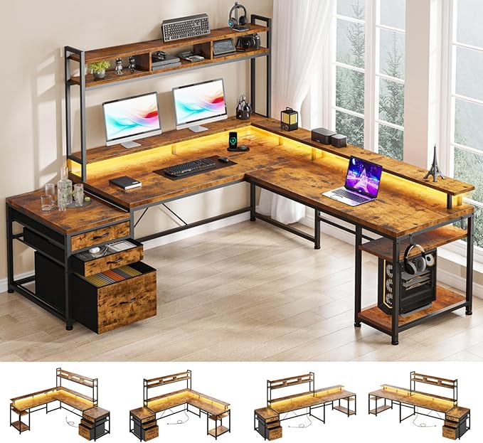 EnHomee 64 x 60 Inches L Shaped Desk with Hutch and Drawers Gaming Desk with Power Outlet &amp Monitor Stand &amp LED Lights Computer Corner Desk Two Person Office Desk for Living Bedroom Rusti