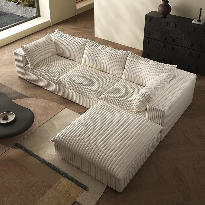 118-inch Boneless Cloud Sofa Modular Corduroy Sectional Couch with Full Foam Compression for Living Room Bedroom Apartment No Assembly Required (White 3 Seater with 1 Ottoman)